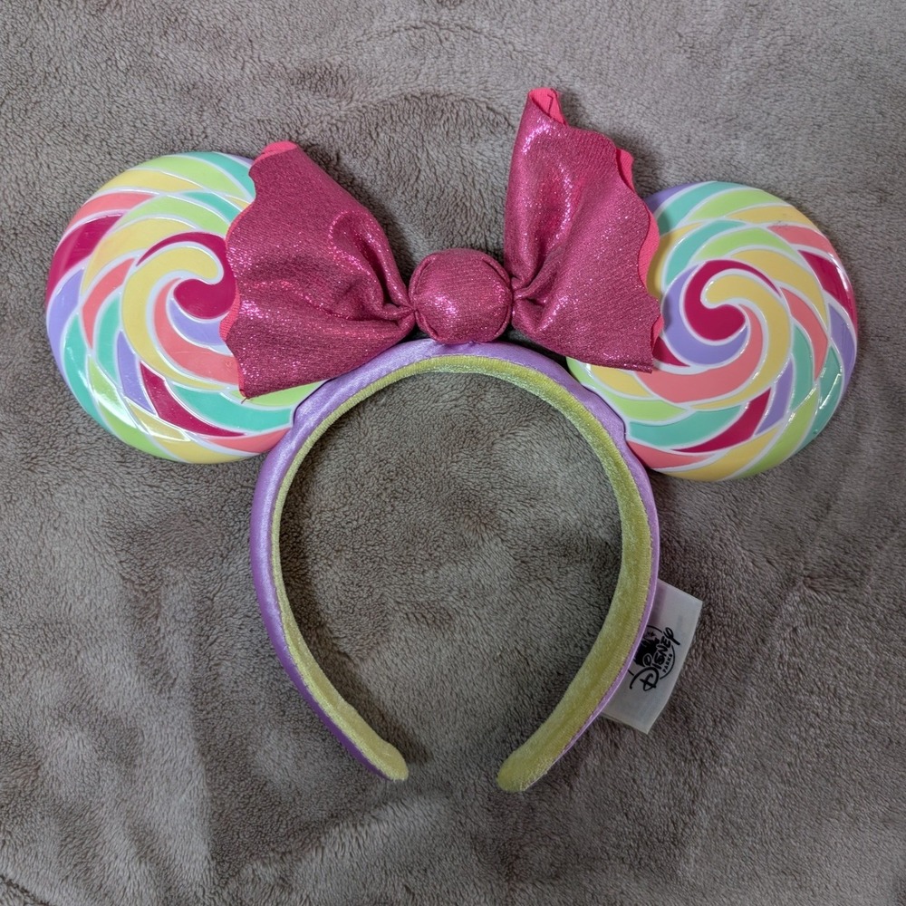 Disney Parks Lollipop Minnie Mouse Ears Headband OS Pink Purple Candy Swirl Bow